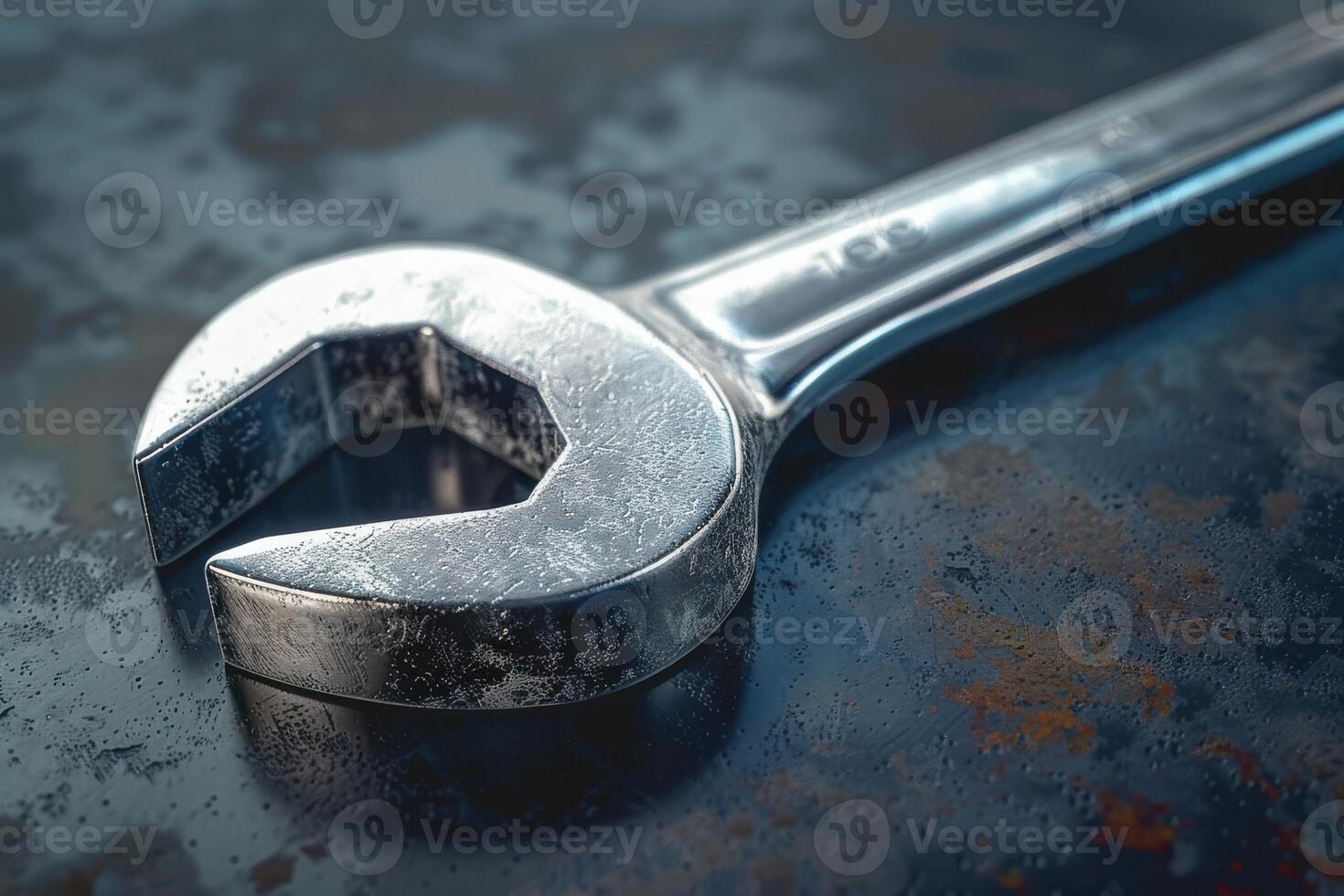 Close-up of a shiny adjustable wrench on a weathered metal surface photo