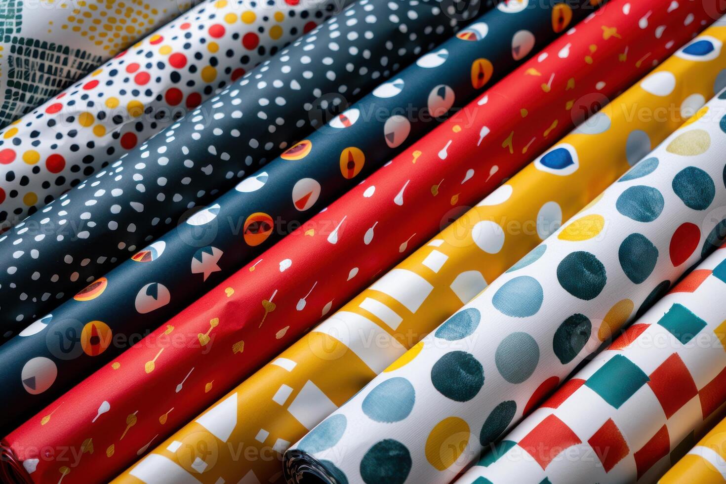 Colorful fabric rolls with diverse patterns displayed on a crafting table in bright lighting photo