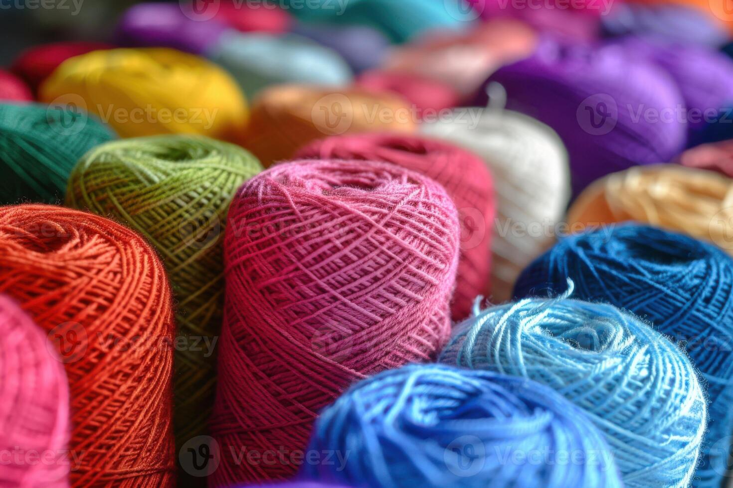 Colorful assortment of yarn spools arranged neatly in a crafting space for knitting and crochet activities photo