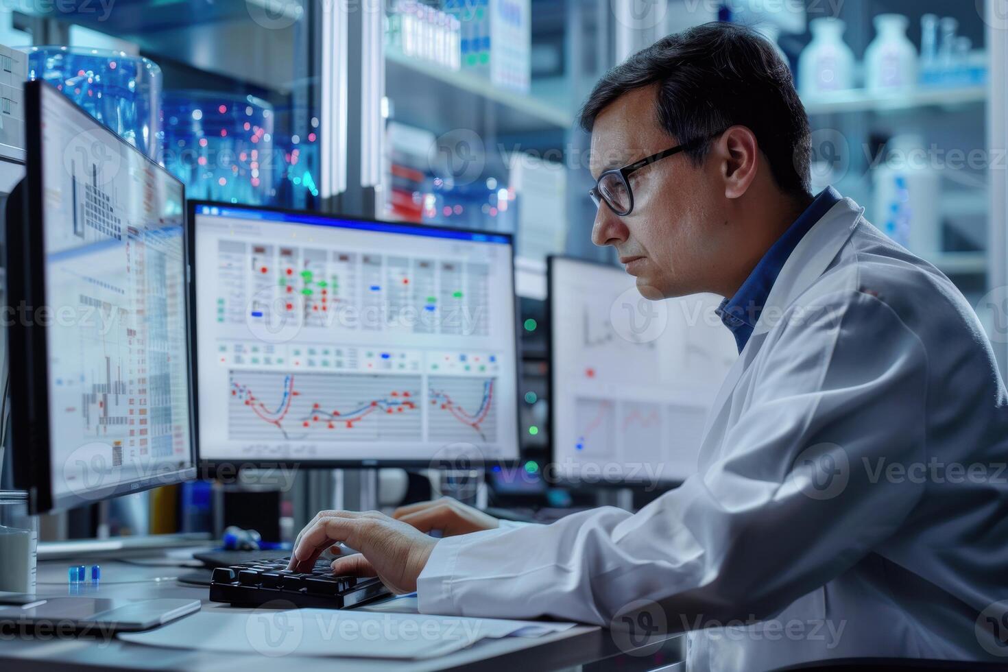 Scientist analyzing data in a modern laboratory during daytime research hours photo