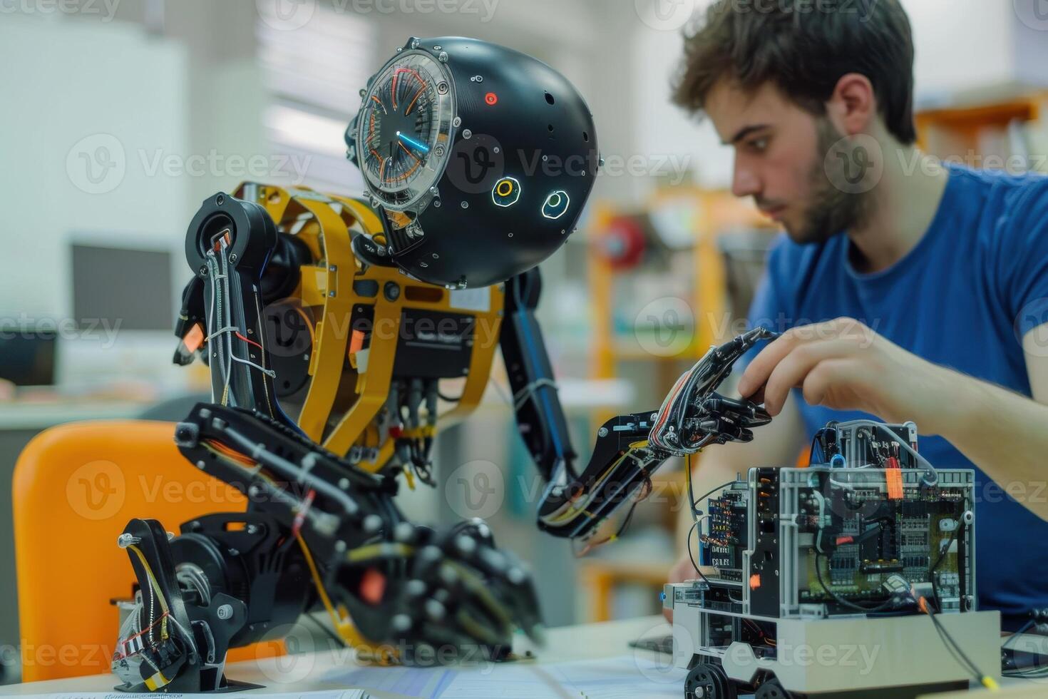 A researcher builds a humanoid robot in a modern lab setting during afternoon hours photo