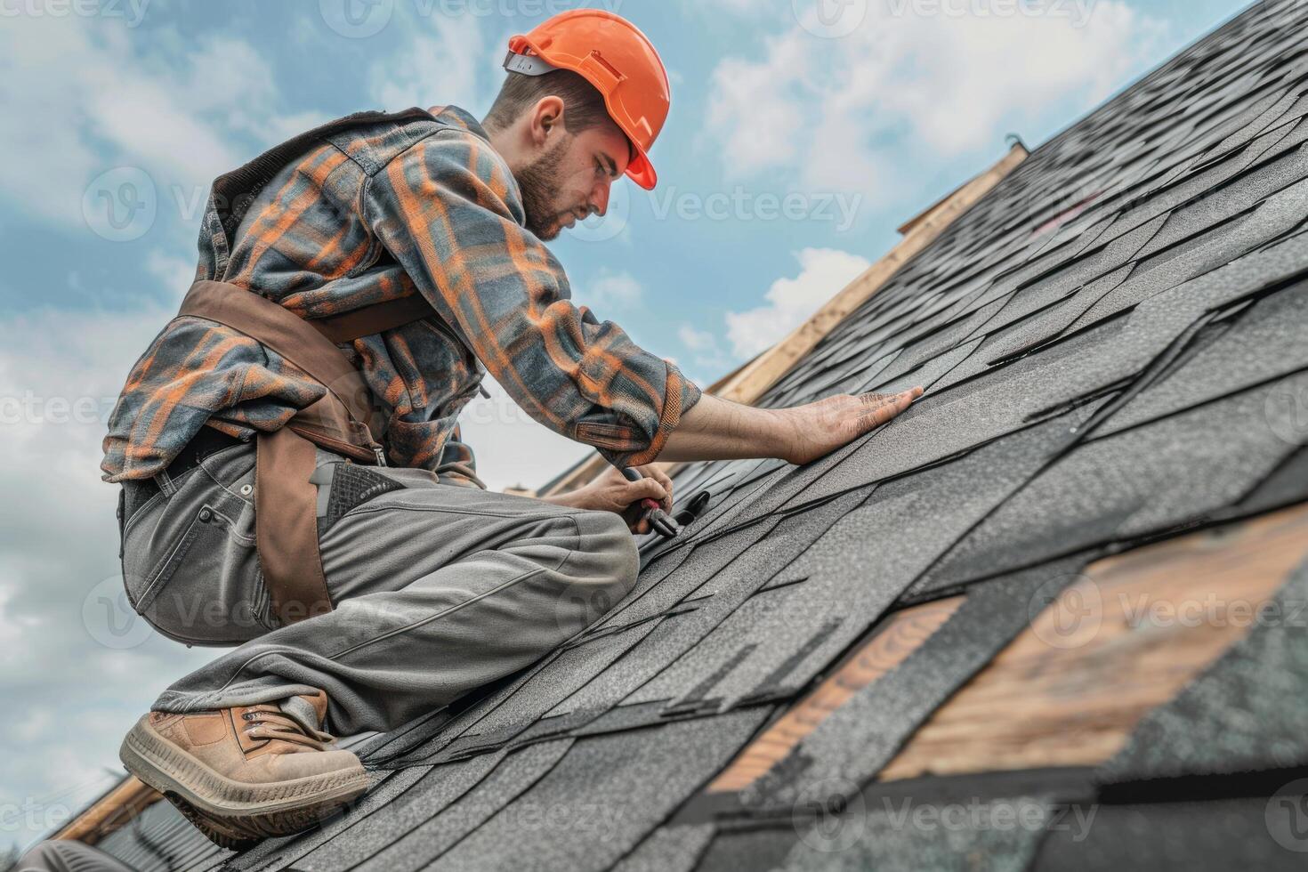 Skilled worker installing shingles on a roof under a partly cloudy sky in the afternoon photo