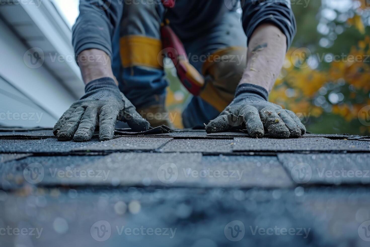 Man repairing a residential roof while wearing gloves and climbing on shingles in autumn scenery photo