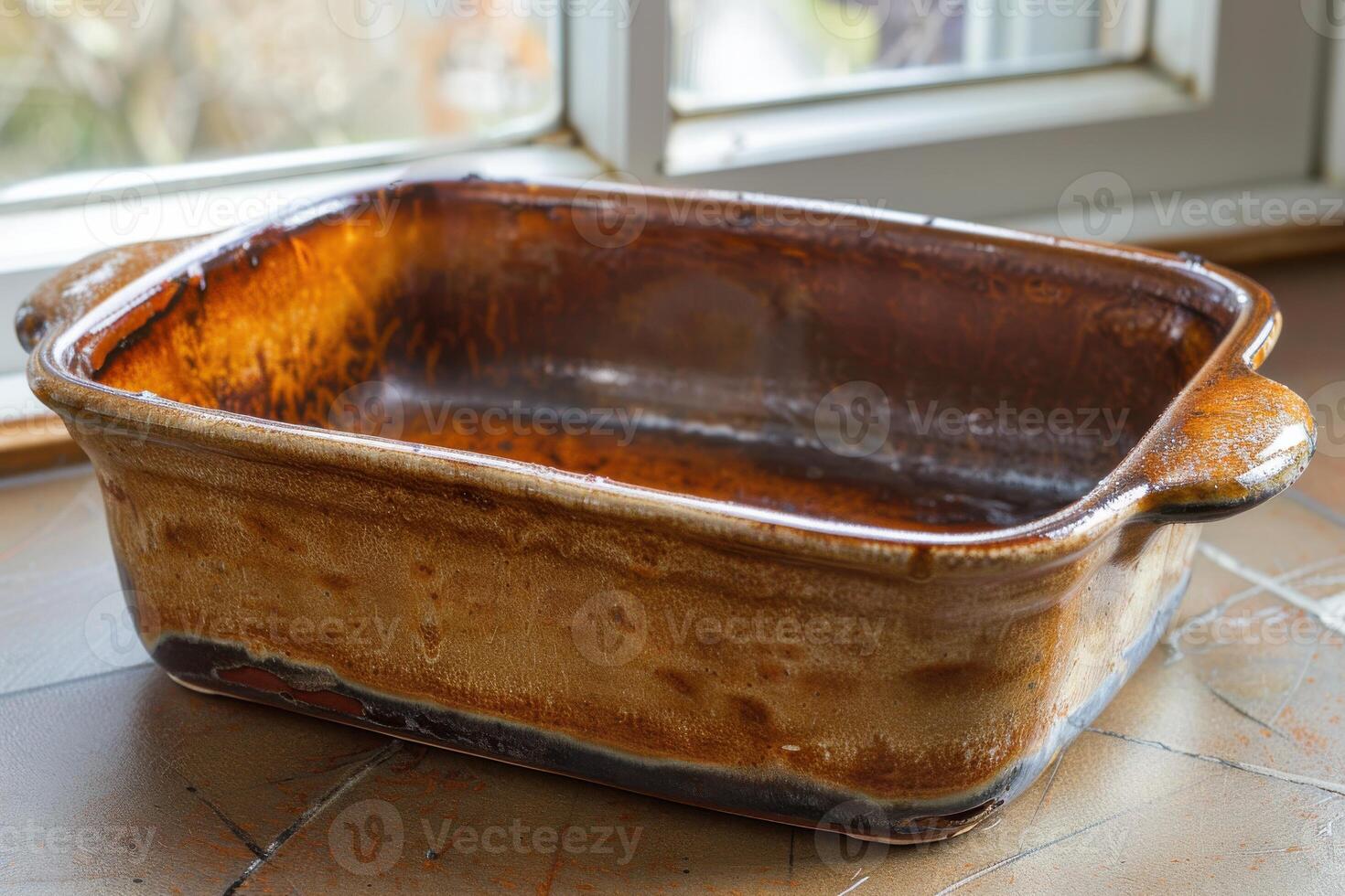 Handmade ceramic baking dish resting on a counter near a window with natural light photo
