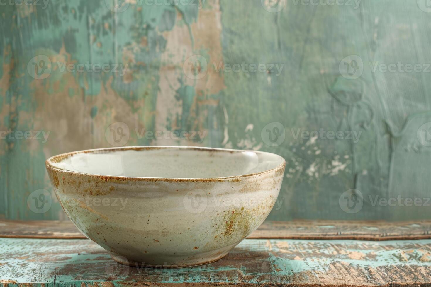 A rustic ceramic bowl rests on a weathered wooden surface against a distressed turquoise backdrop photo