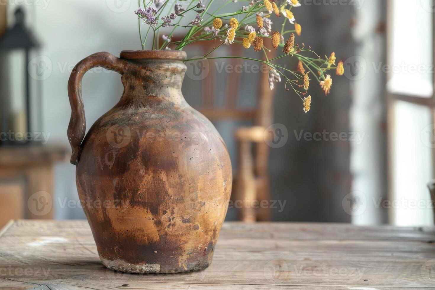Rustic clay jug with flowers captured during a sunny afternoon in a cozy home interior photo
