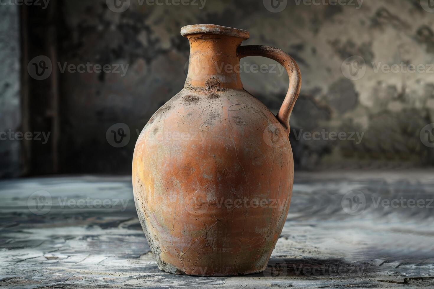 Ancient terracotta jug resting on a stone surface in a rustic setting with muted colors photo