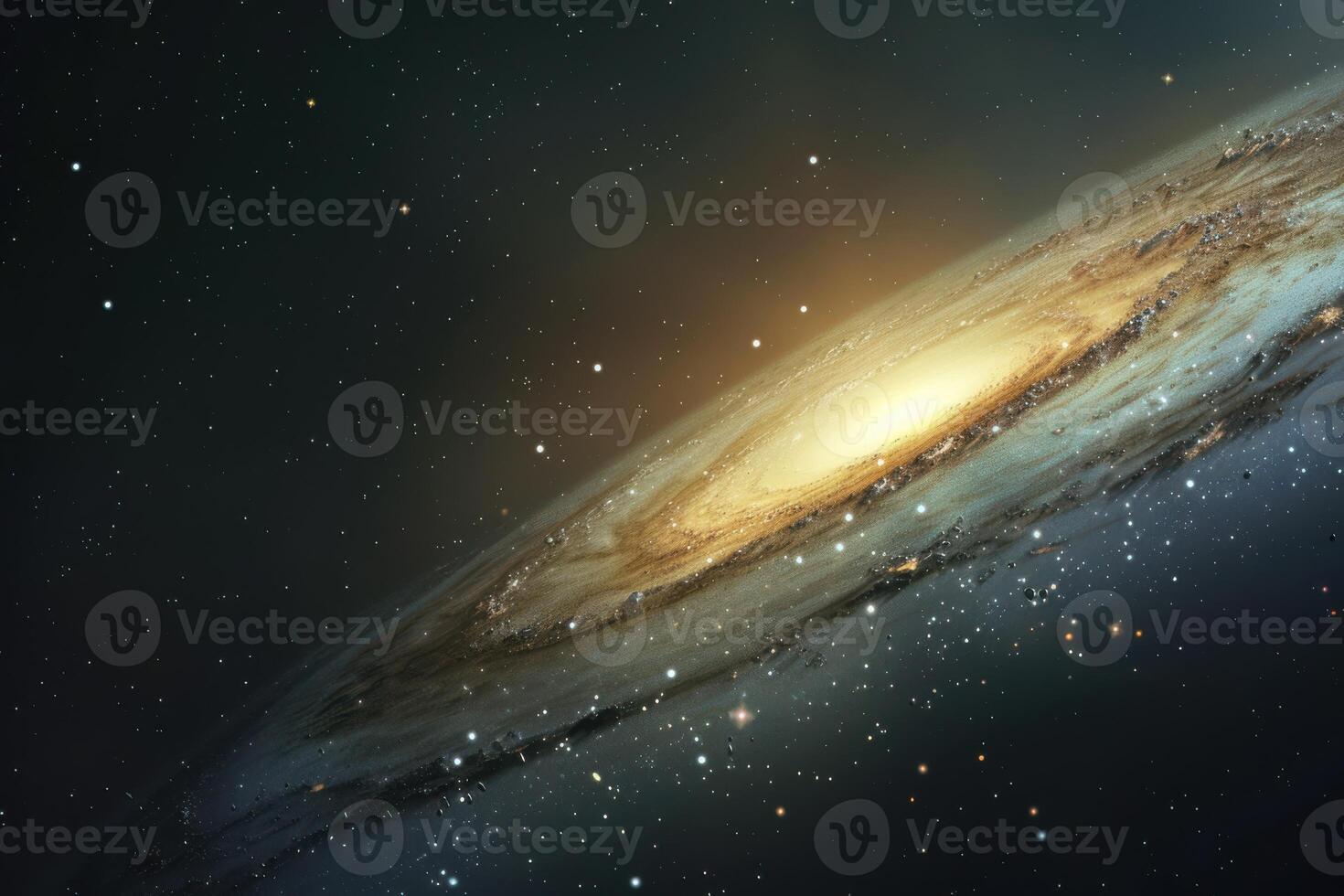 A stunning view of a spiral galaxy in deep space with glowing core and twinkling stars photo