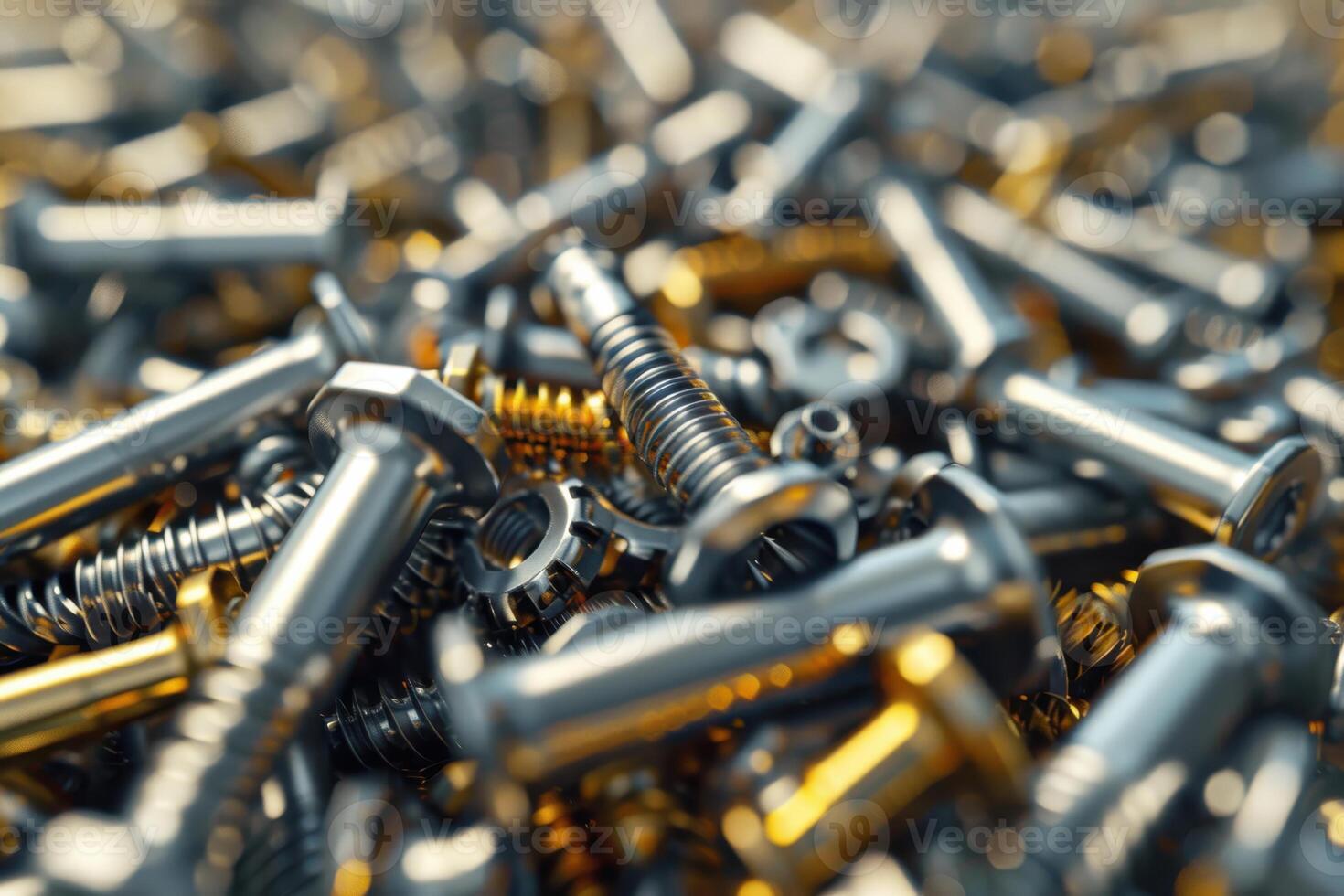 A close-up view of assorted screws and bolts scattered on a workshop table during daytime photo