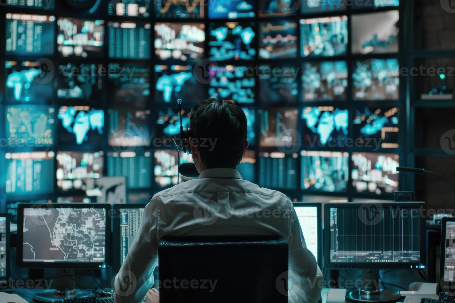 Analyst monitoring global data trends in a high-tech control room during late evening hours photo
