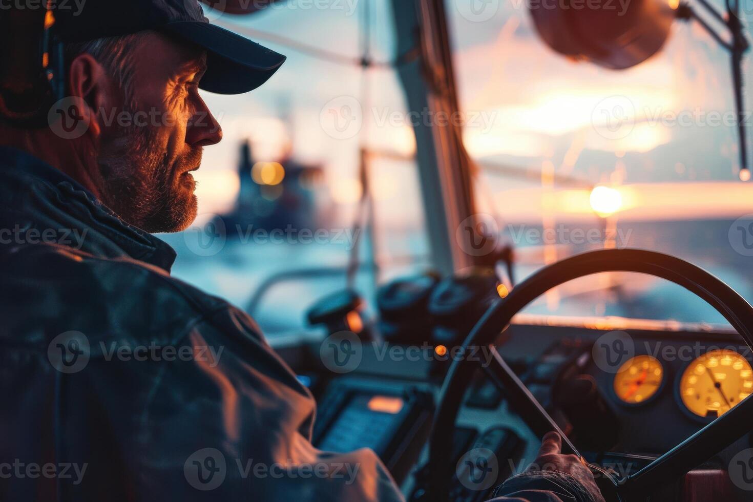 A skilled captain navigating a boat at sunset near the coastline during a calm evening photo
