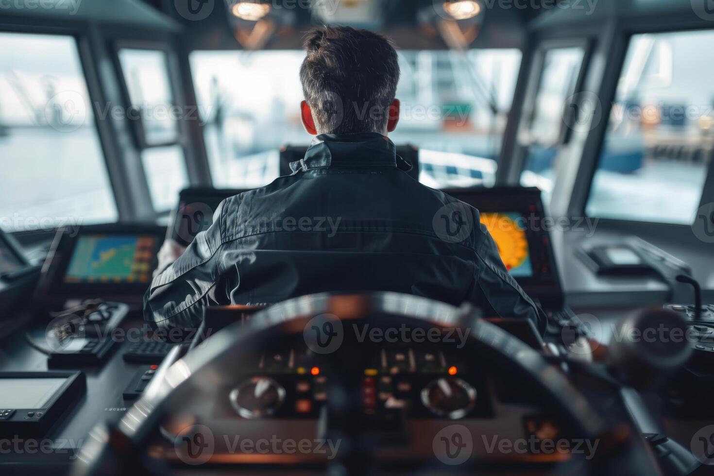 Maritime pilot navigates through harbor waters during early morning from a high-tech bridge photo