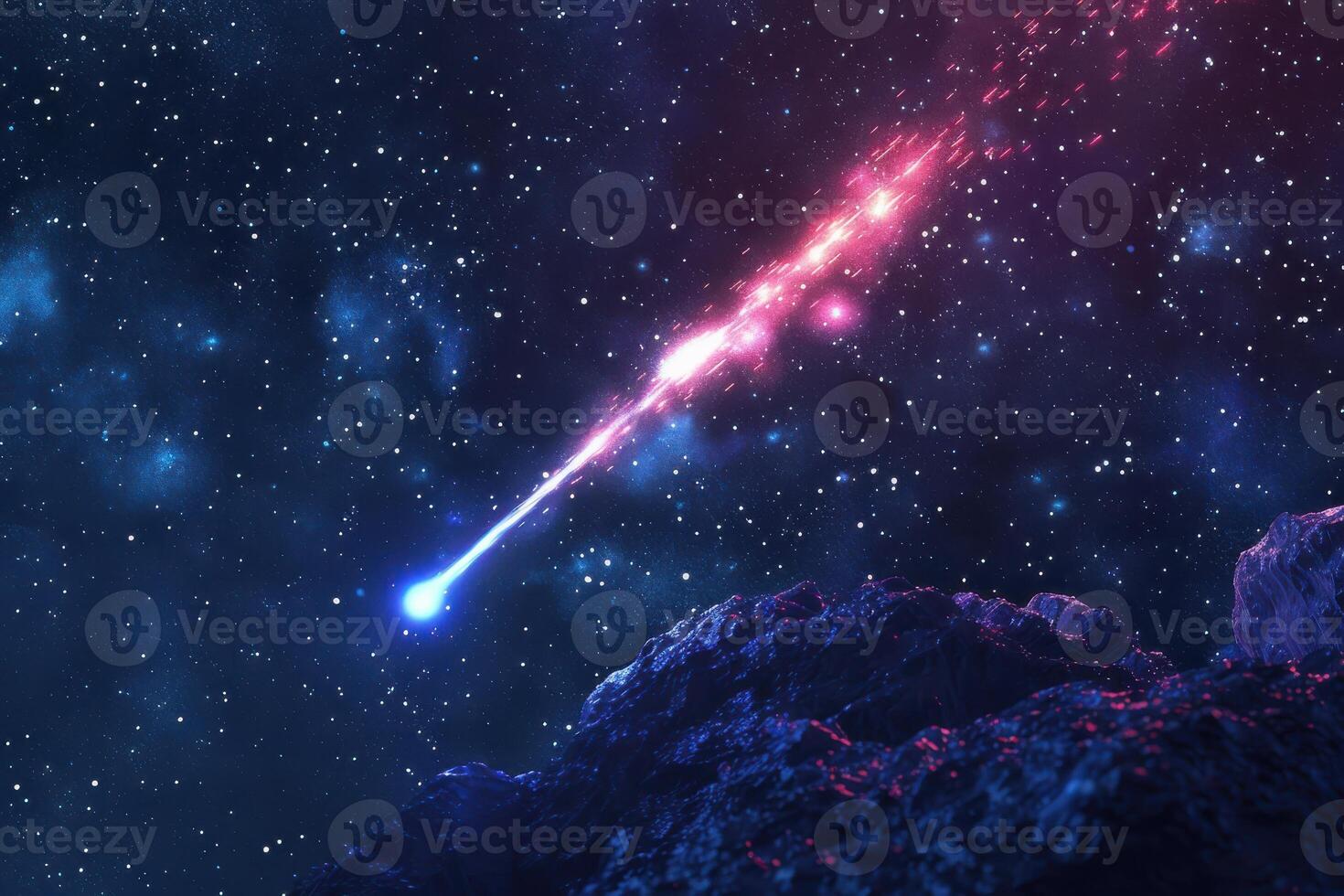 A bright meteor streaks across a starry sky above a rocky landscape in the depths of space photo