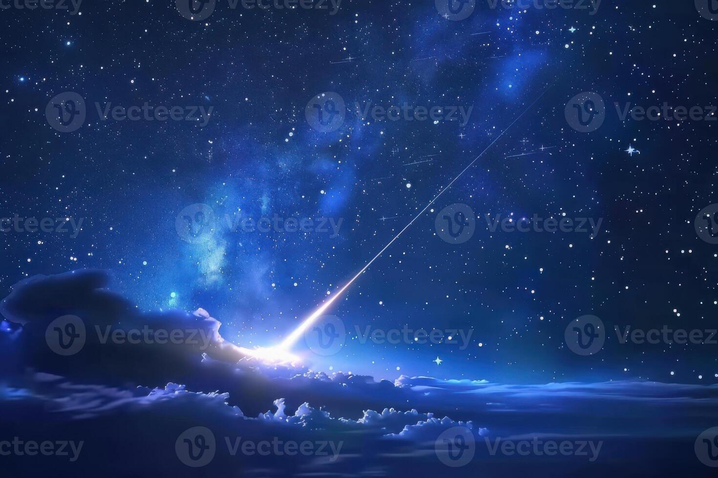 A brilliant meteor streaking across a starry sky above serene clouds at night photo