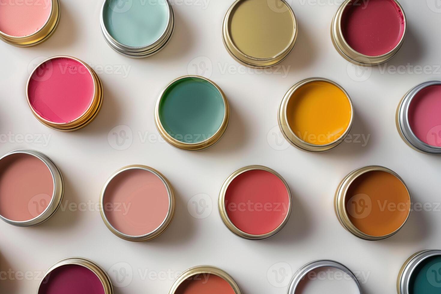 Colorful paint tins arranged neatly on a light surface showcasing various shades of paint photo