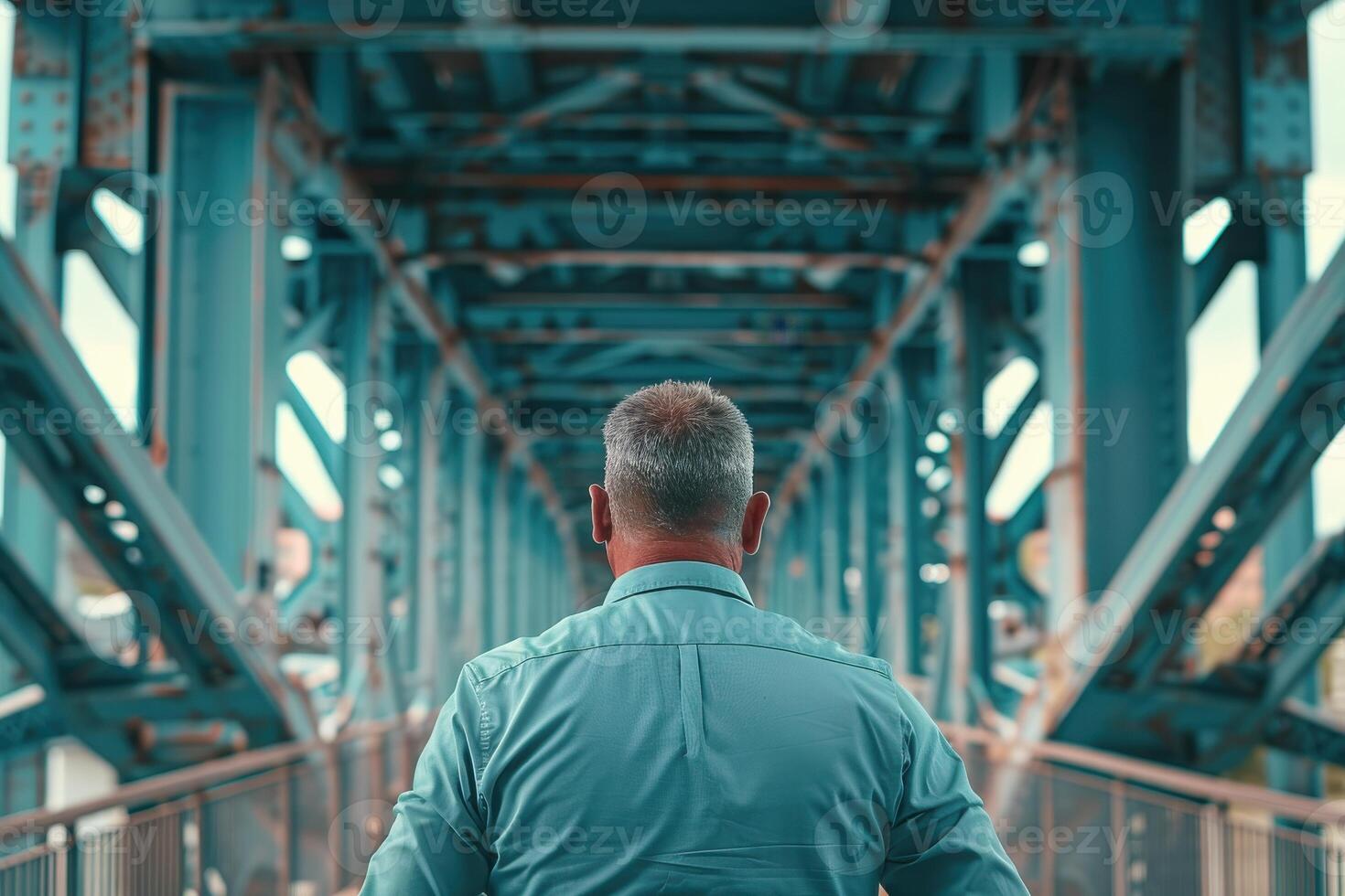A man walks through a retro steel bridge during daylight in an urban environment photo