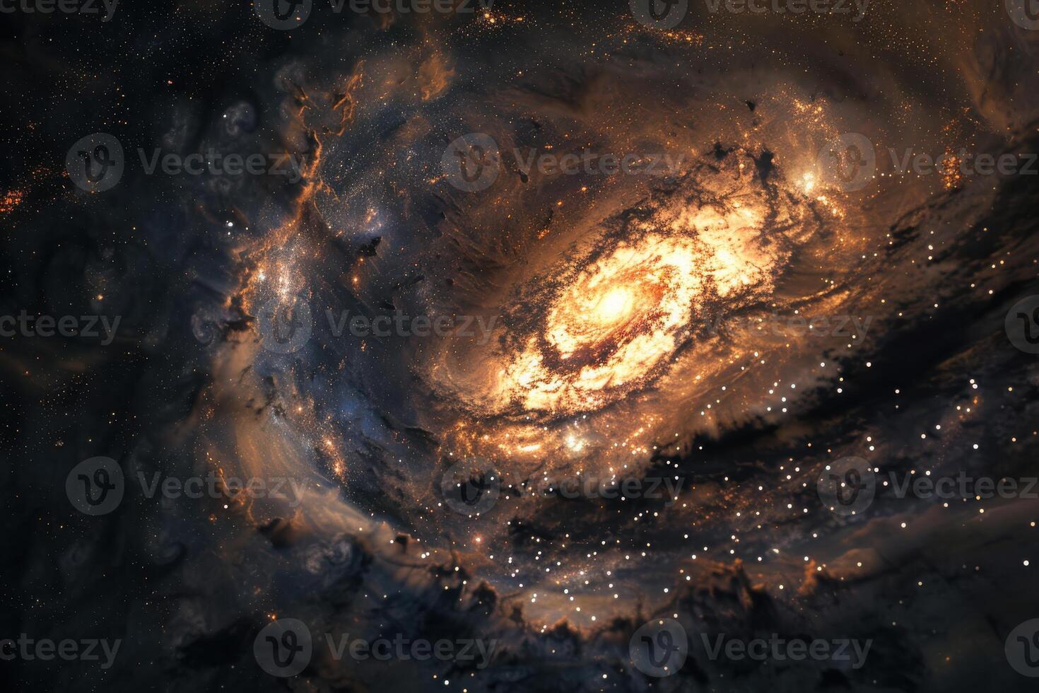 Stunning spiral galaxy illuminated by vibrant cosmic gases and stars in deep space photo