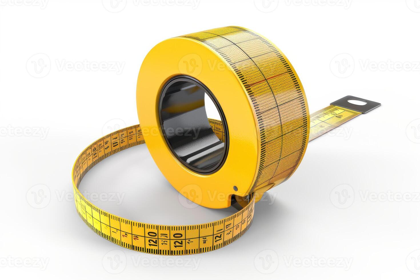 A bright yellow tape measure with a retractable feature placed on a clean white surface photo
