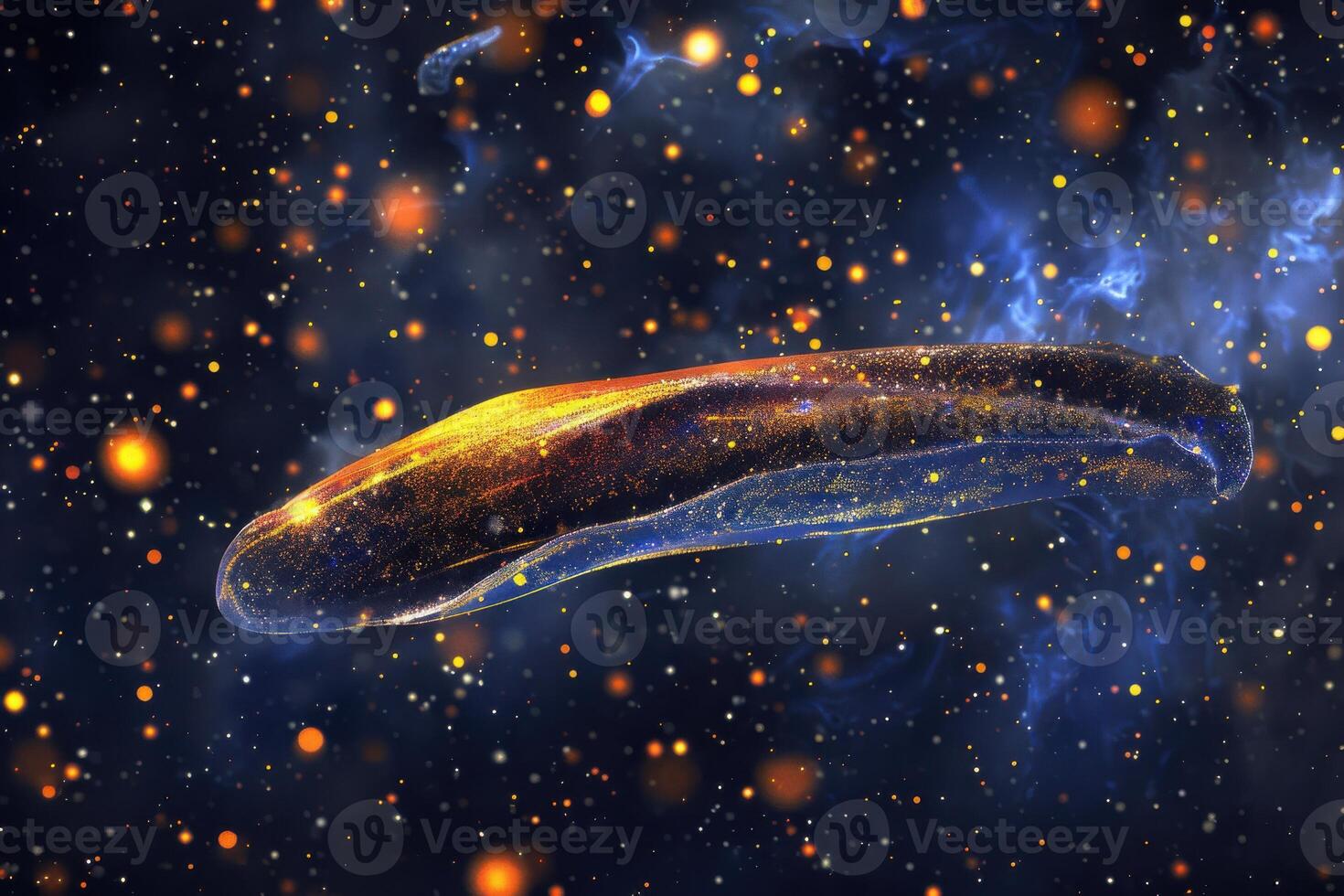 A glowing cosmic object travels through a vibrant galaxy filled with stars and celestial dust photo
