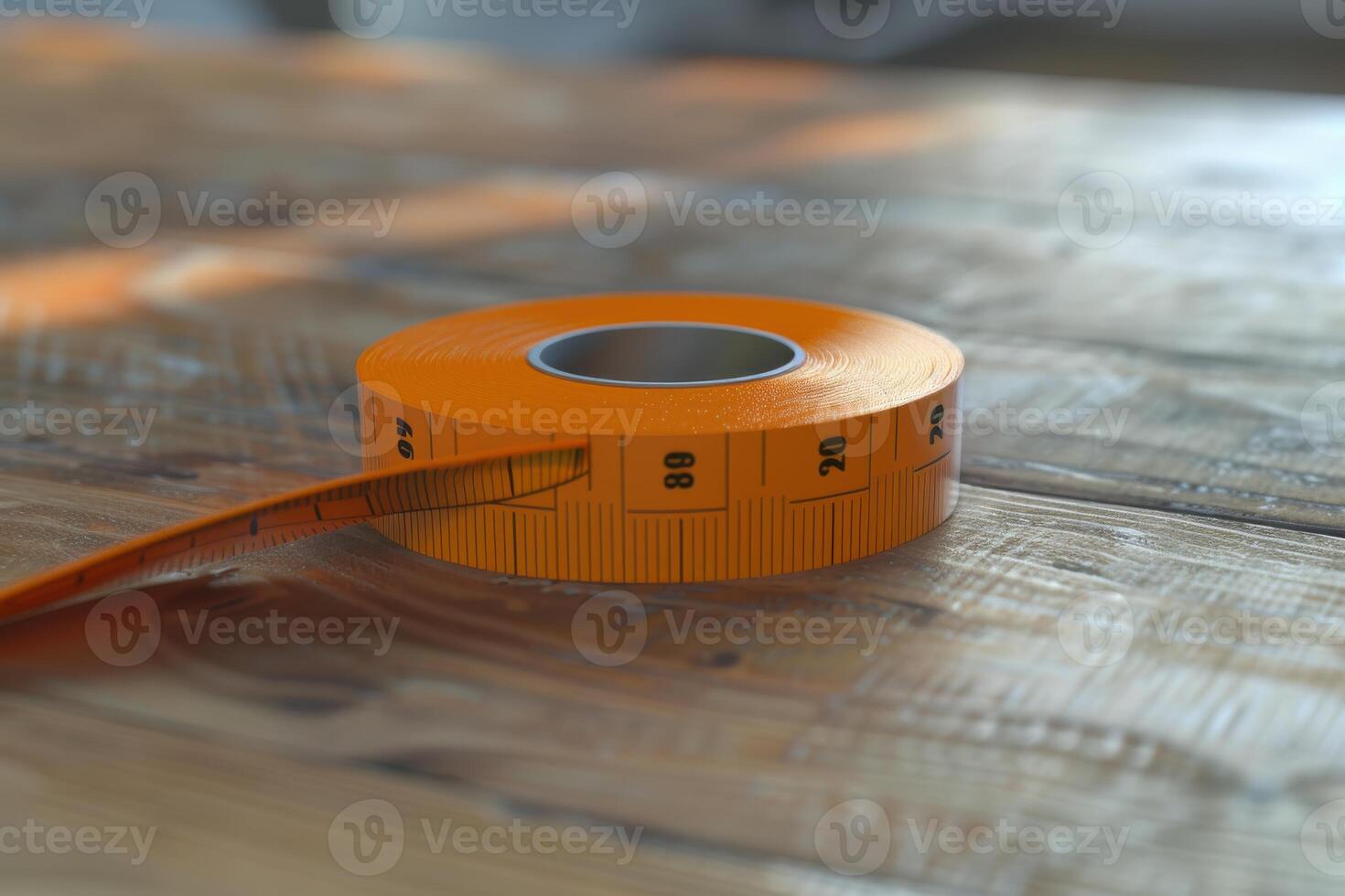 Measuring tape on a wooden table during a home improvement project in bright daylight photo