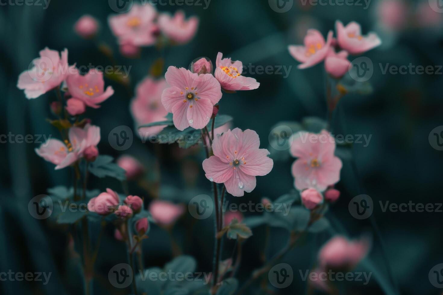 Delicate pink flowers blooming in a lush garden during early spring light photo