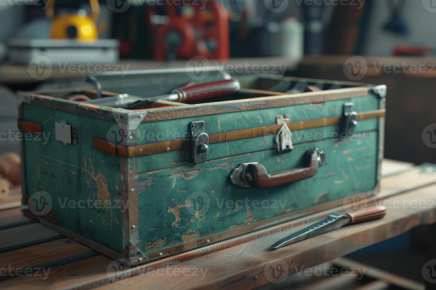 Vintage toolbox resting on a workbench with various tools and equipment in a workshop setting photo