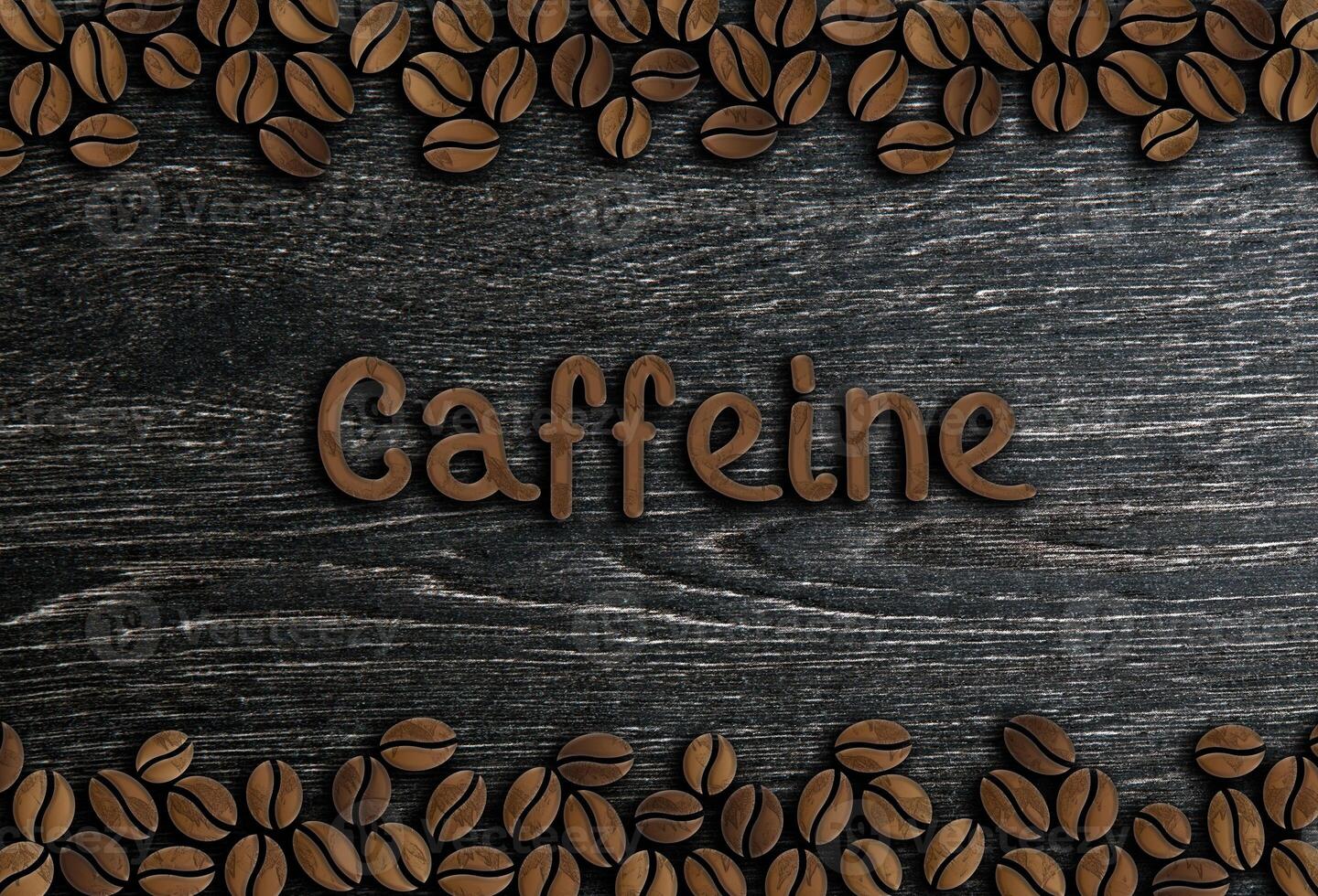 coffee beans ornament with inscription caffeine on a wooden background illustration photo
