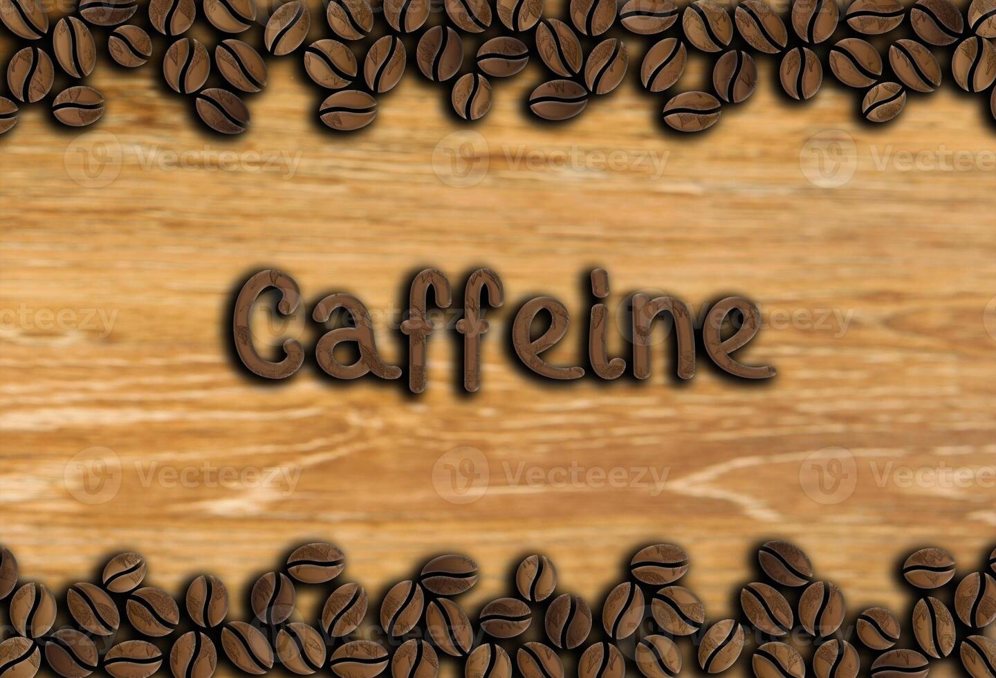 coffee beans ornament with inscription caffeine on a wooden background illustration photo