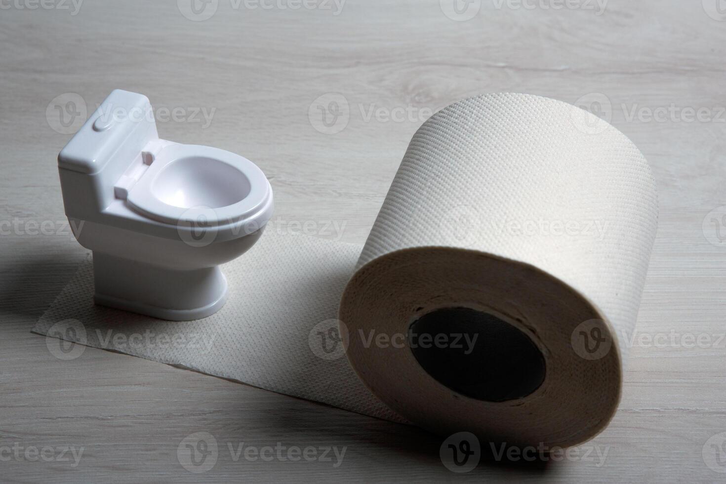 toilet bowl miniature with toilet paper roll on the table photo