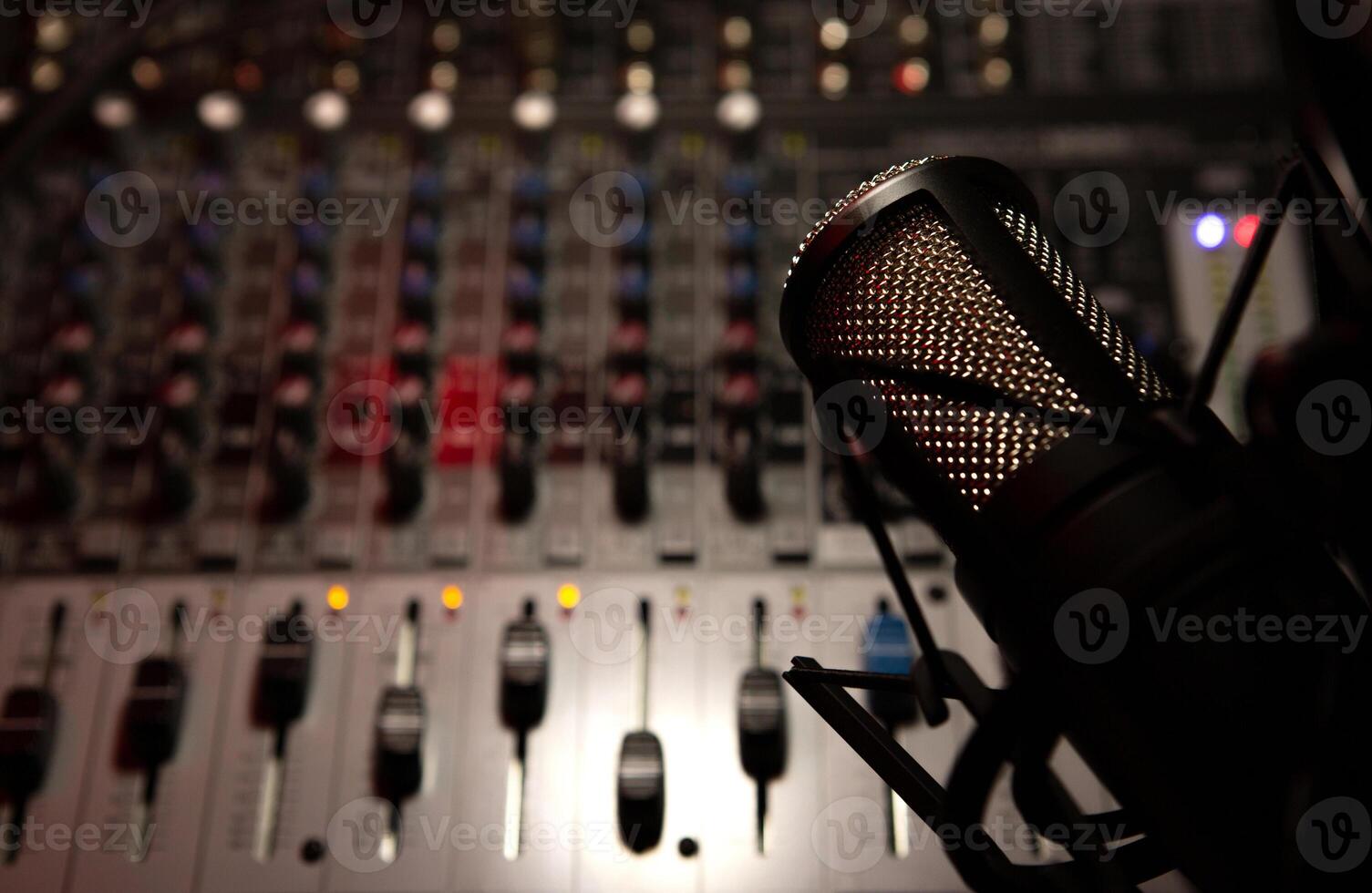 sound mixer and faders with condenser microphone DJ disco photo