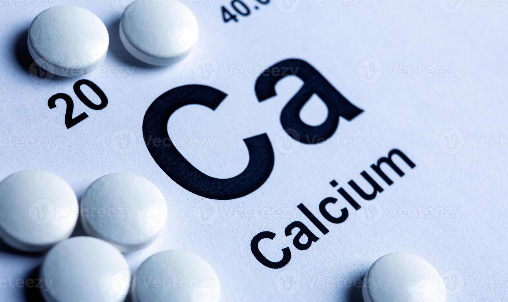 symbol of the chemical element Calcium and white pills photo