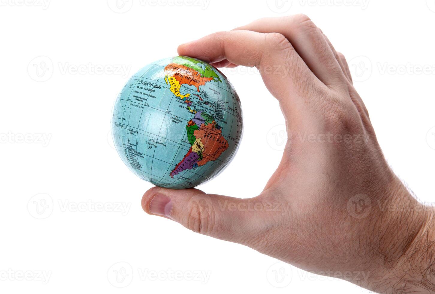 earth globe in human hand on white background concept photo