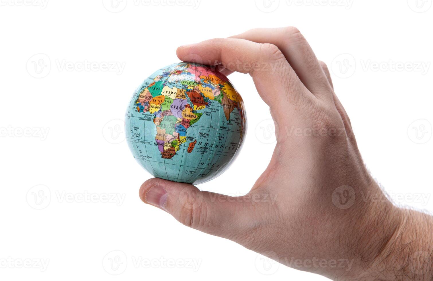 earth globe in human hand on white background concept photo