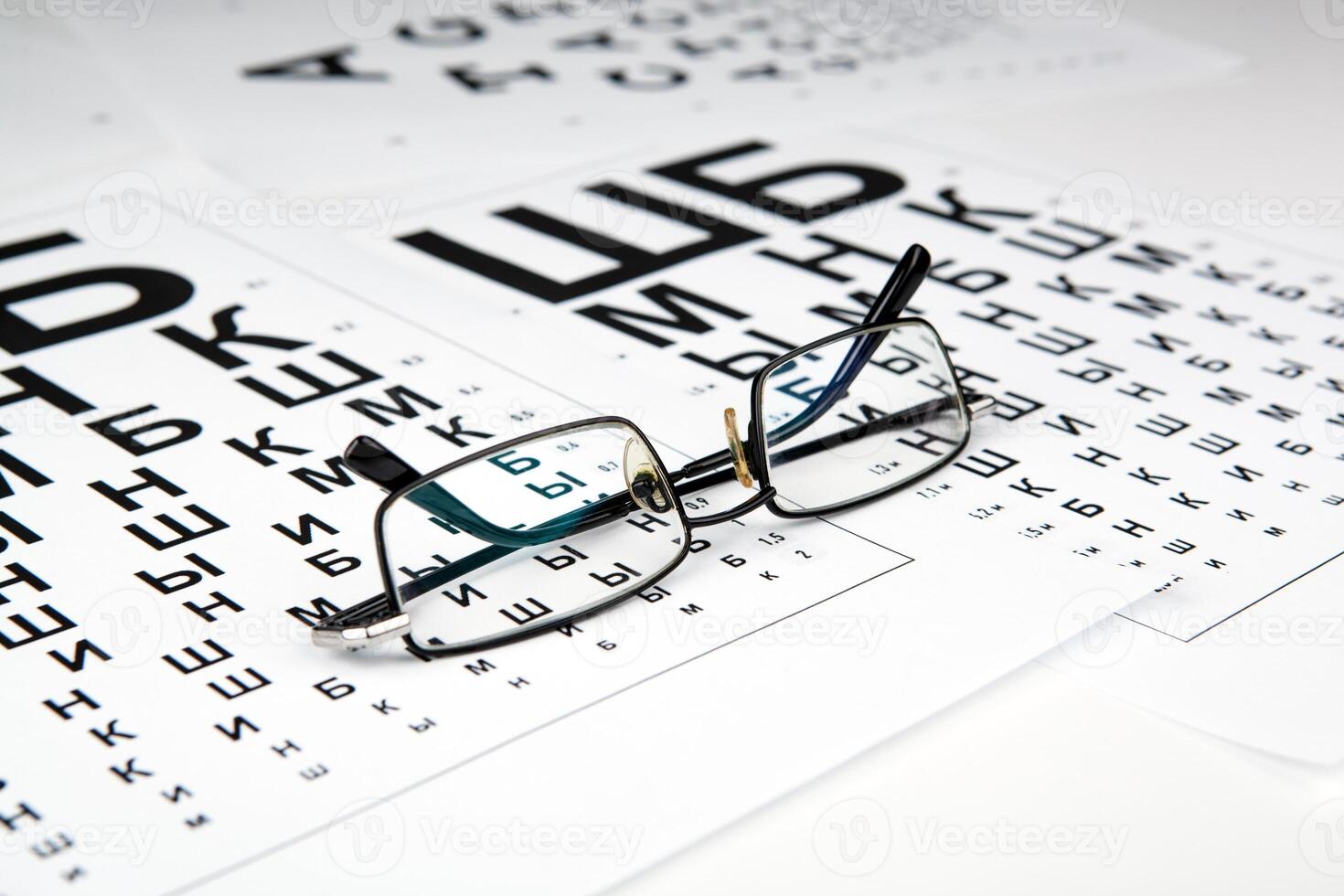 eyeglasses on the table with a font to determine of eyesight Russian version photo