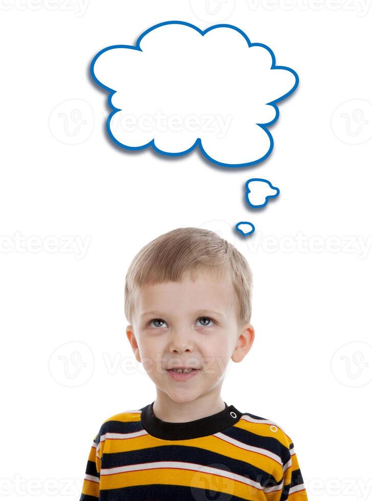 little boy standing in a striped T-shirt with a cloud photo