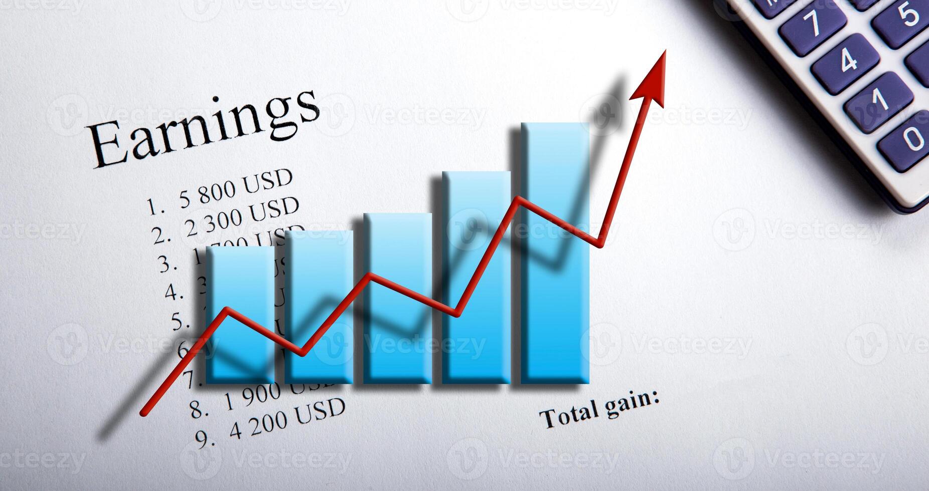 table with earnings with digits, calculator and diagram photo