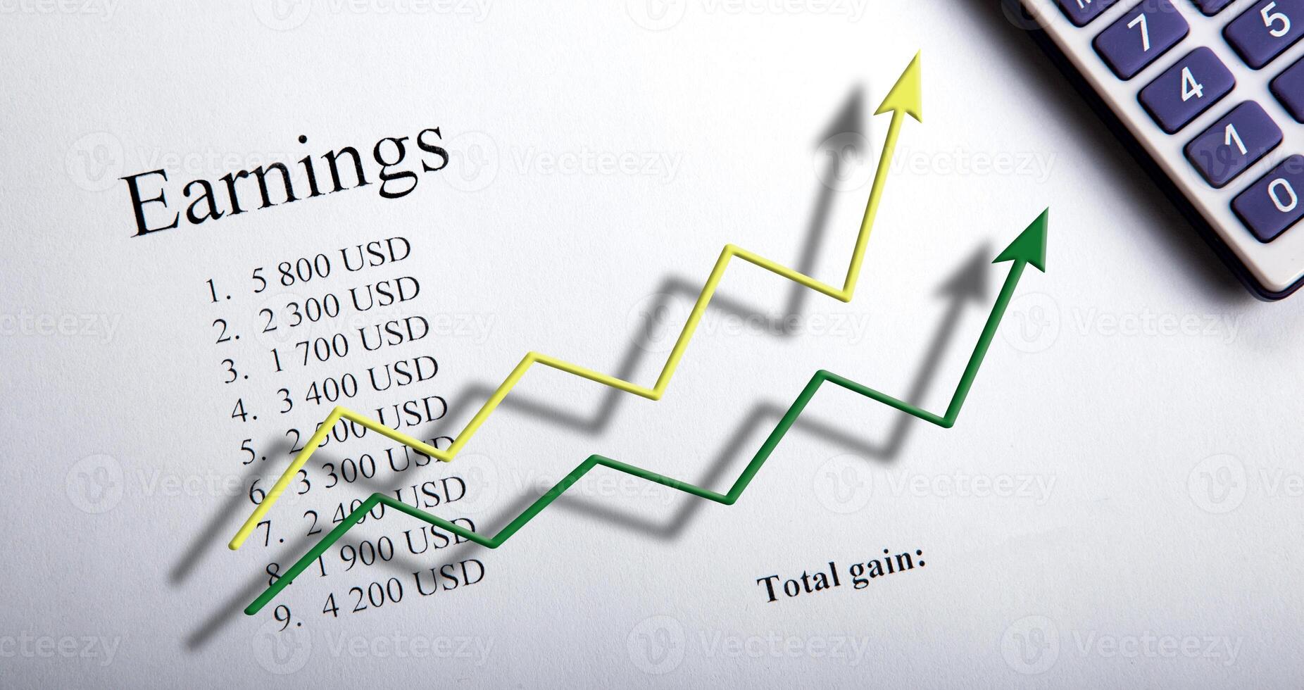 table with earnings with digits, calculator and diagram photo