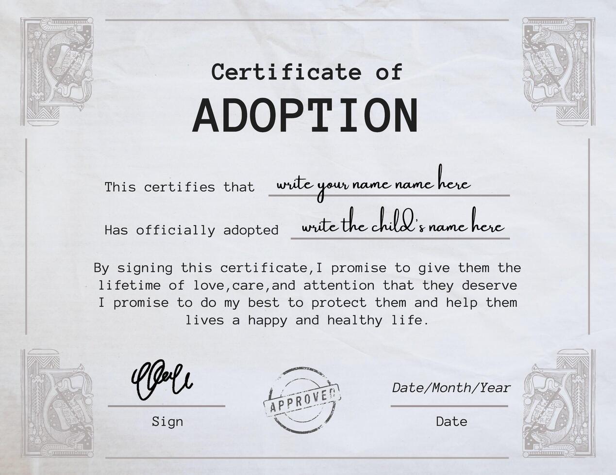 Vintage Theme Certificate Of Adoption Template