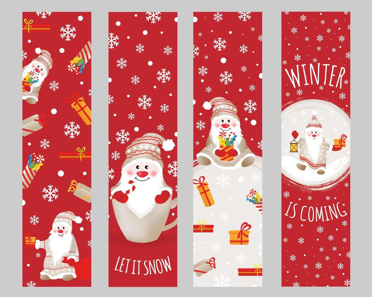 Set of bookmarks with cute gnomes and gifts. Colorful design for social media communication, networking, website badges, greeting cards, posters and more. vector