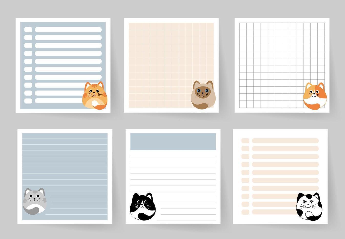 A set of notebook pages with cute cats. Template for planning, to-do list, daily schedule, sheet for notes and other reminders. vector