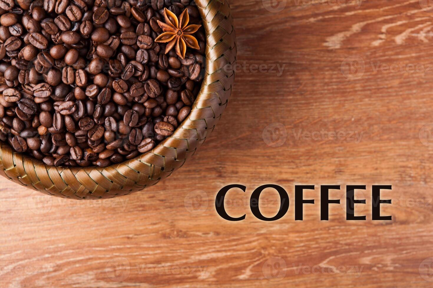 roasted coffee beans in a bamboo basket with title photo