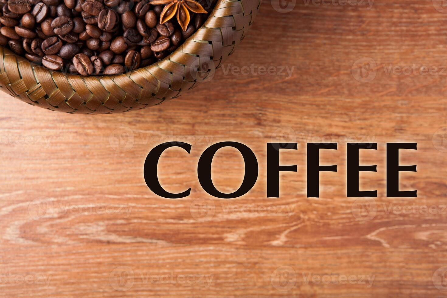 roasted coffee beans in a bamboo basket with title photo
