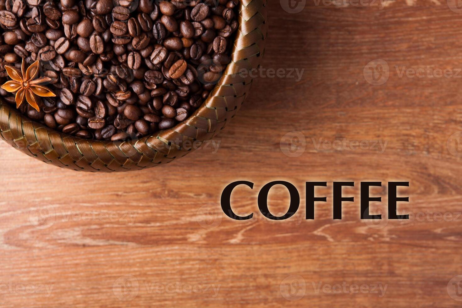 roasted coffee beans in a bamboo basket with title photo