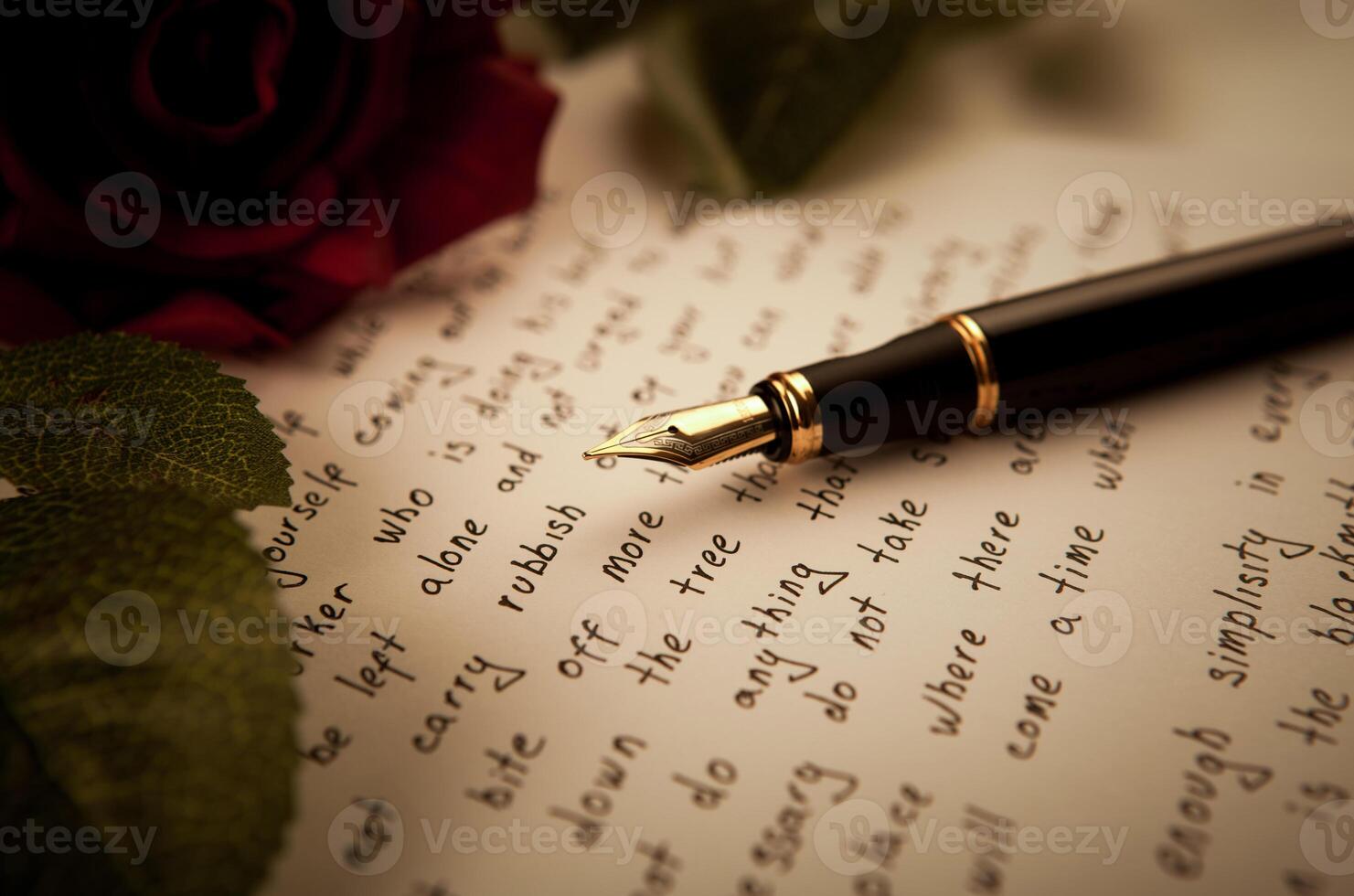 fountain pen on text sheet paper with rose photo