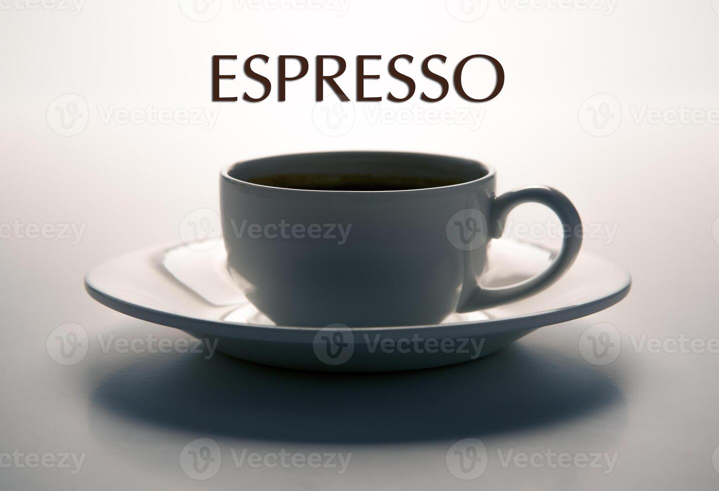glass cup and saucer closeup with title espresso photo