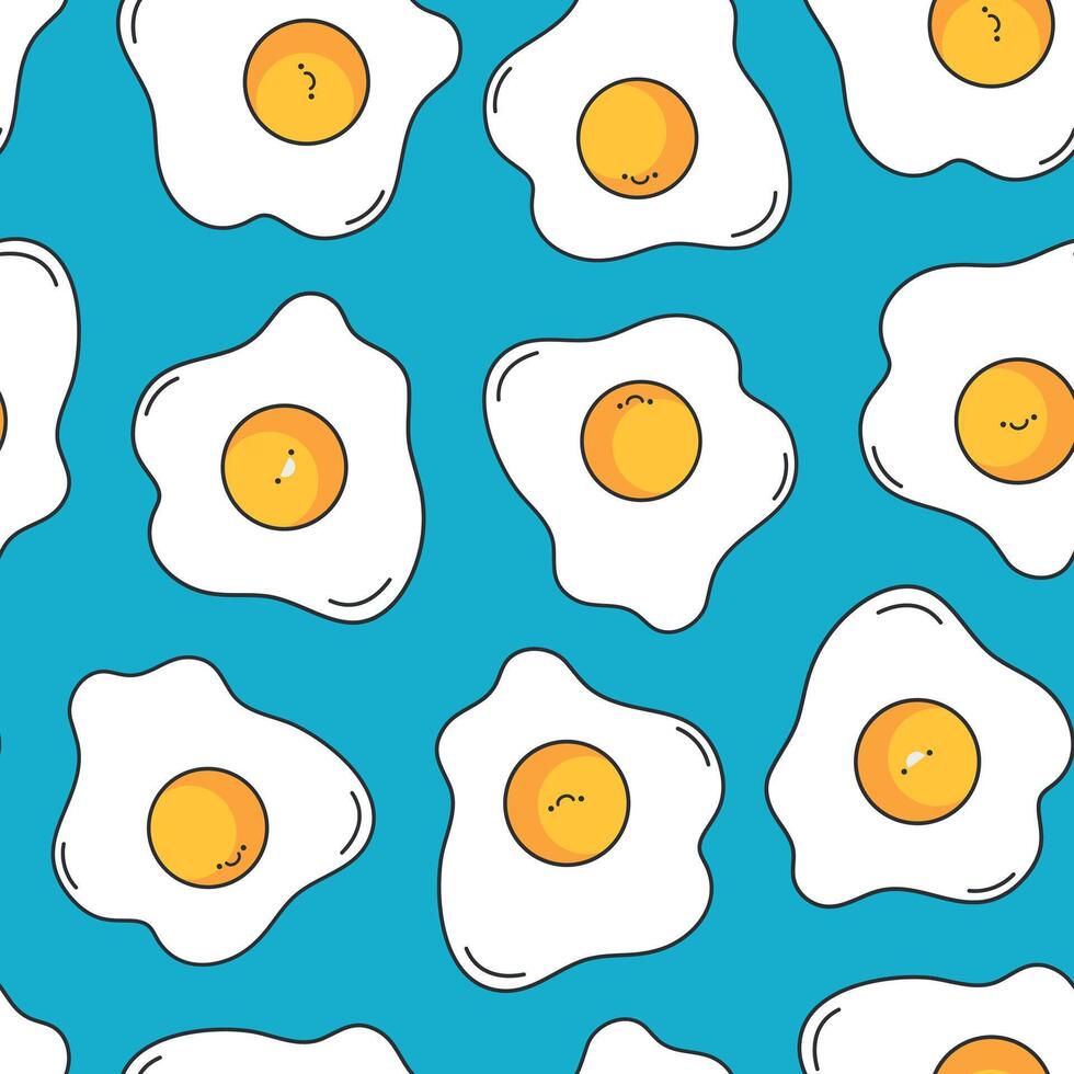 Cute fried eggs seamless pattern. Funny smiling cartoon eggs. Breakfast concept vector