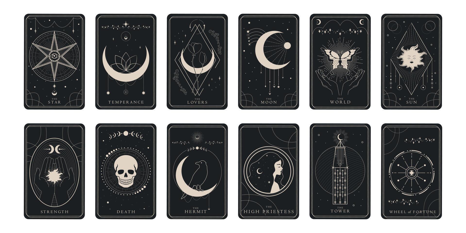 Magical tarot cards design set of Major Arcana symbols. Tarot symbolism. Mystery, astrology, alchemy vector