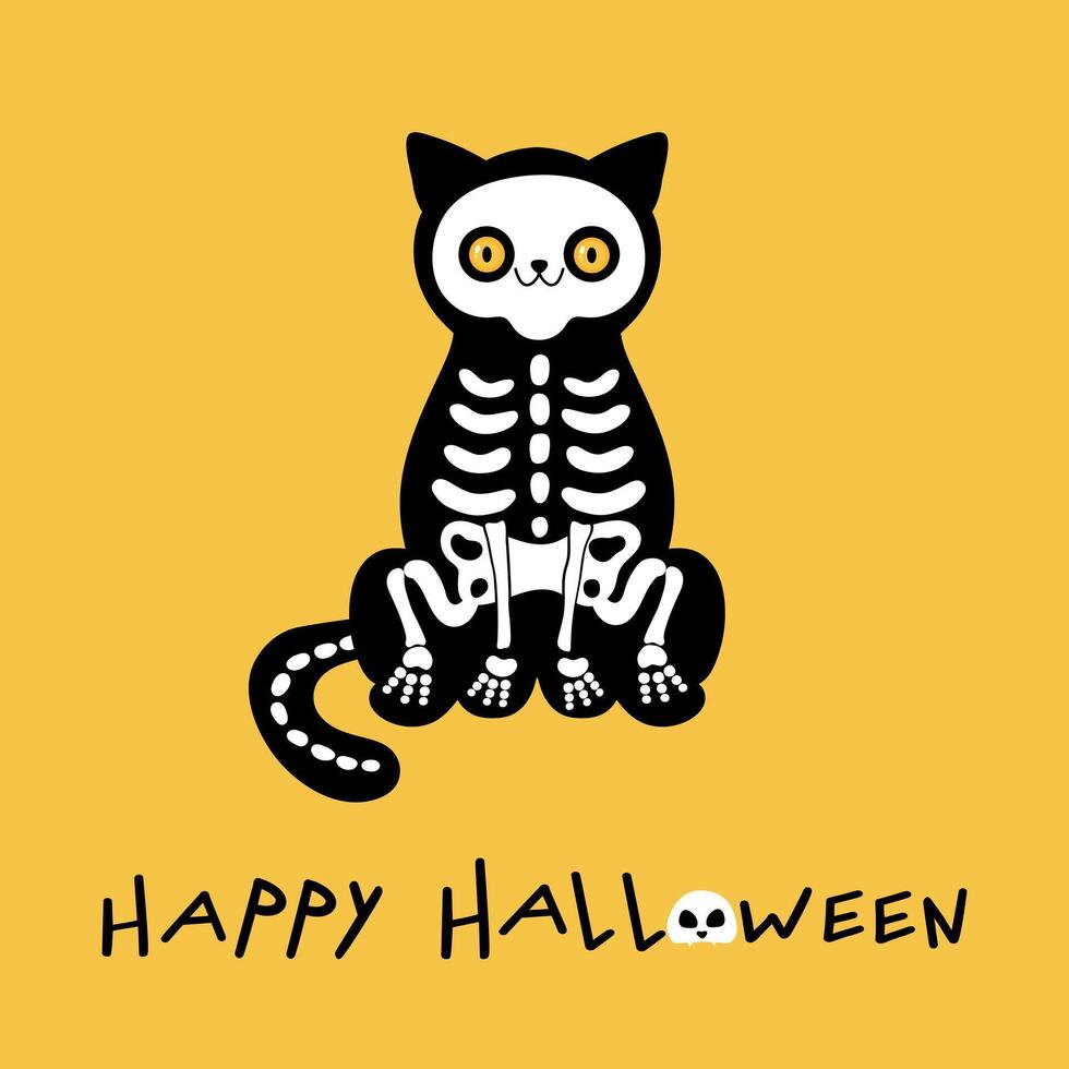 Halloween greeting card with cute skeleton black cat. Cartoon cat character with skull and bones vector