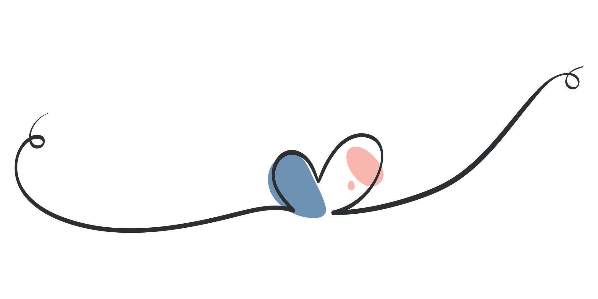 Continuous one line drawing heart decorated with color shapes. Doodle heart vector
