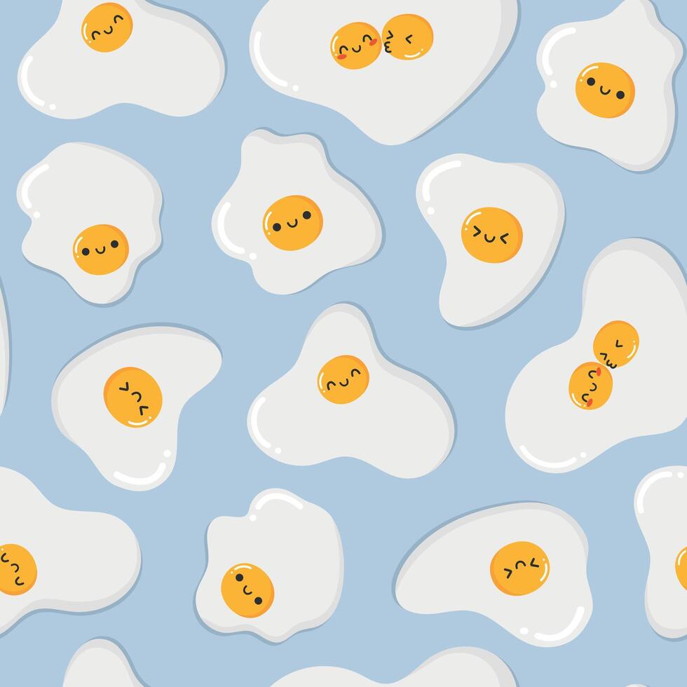 Cute cartoon fried eggs characters seamless pattern. Funny smiling yolks. Breakfast concept vector